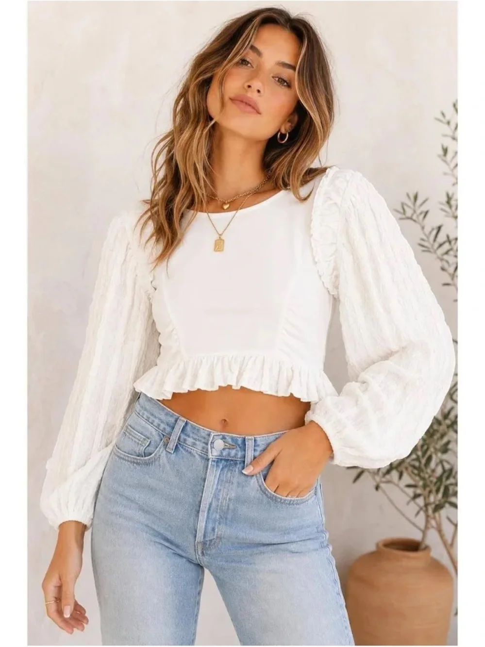 Free People Ivory White Olivia Ruffled Puff-Sleeve Crop Top